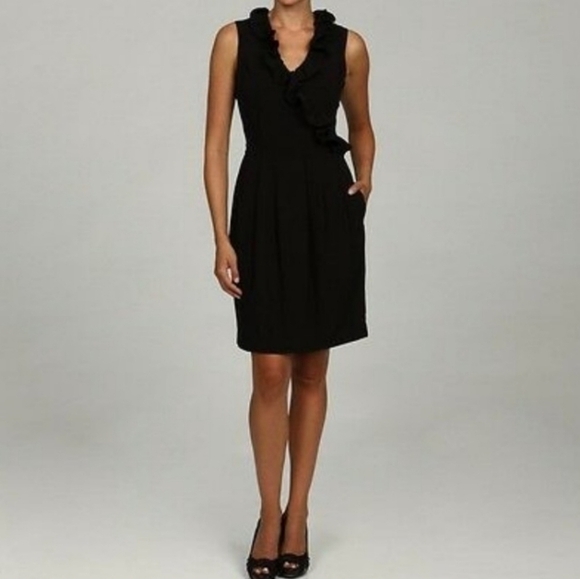Marc New York Andrew Marc Black Fitted Waist Ruffled Neckline Dress - Size 2 - Picture 1 of 14